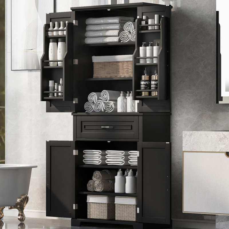 Grande armoire de rangement noire avec portes - planche, assemblage facile, tablette réglable pour l'organisation de la salle de bain
