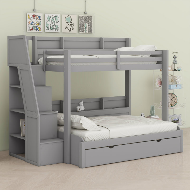 Lit superposé multifonctionnel avec lit gigogne et escalier avec rangement DEL, USB et tablettes intégrées, Gris