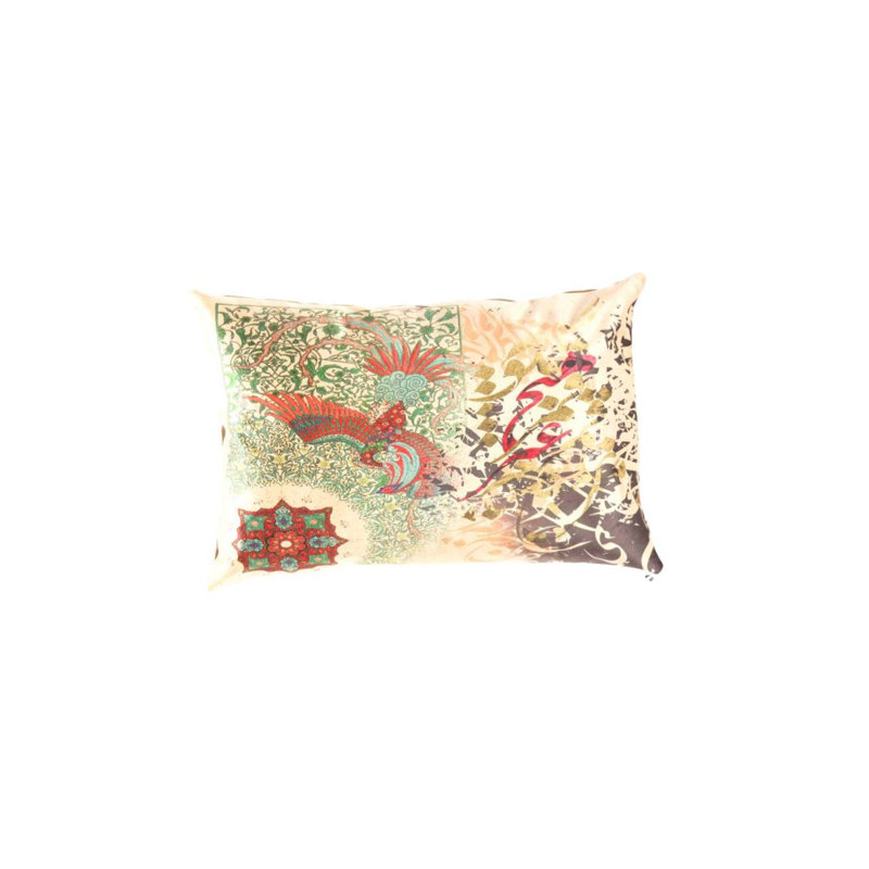 Traditional Calligraphy Velvet Pillow 16'' X 24'' in Beige/Green/Red