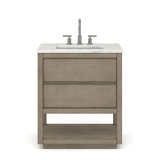 Oakman 30 In. Double Sink Carrara White Marble Countertop Bath Vanity In Grey Oak With Gold Faucets