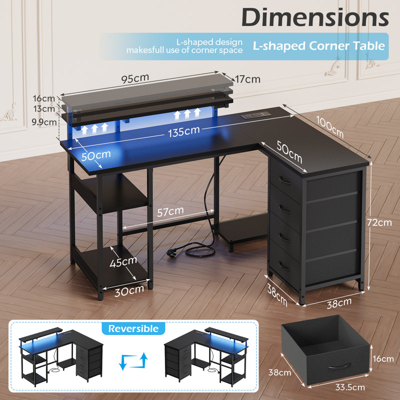 L-Shaped Metal Base Computer Desk, 88cm. H x 135cm. W x 100cm. D, Black