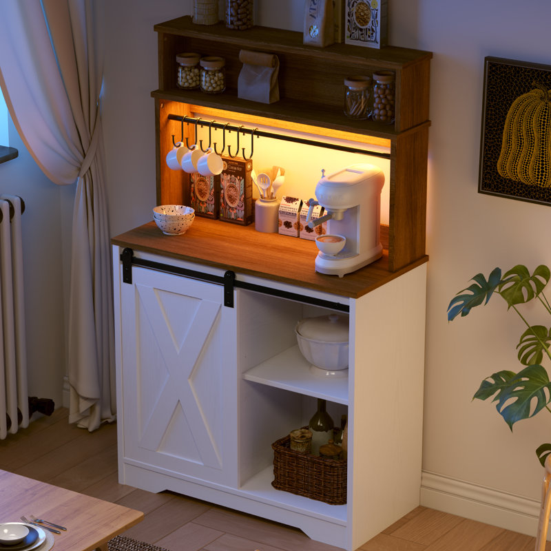 Huche café avec lumière DEL, rangement et porte de grange coulissante, Blanc / Blanc