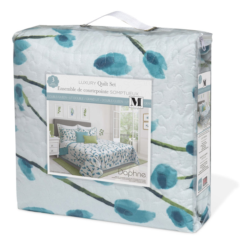 White and Blue Floral Twin Microfiber Quilt Set