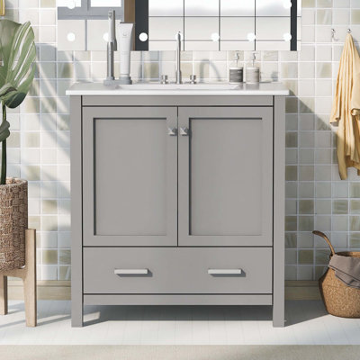 Meuble-lavabo gris 30 po avec lavabo simple encastré, structure en bois massif avec portes à fermeture douce et tiroir
