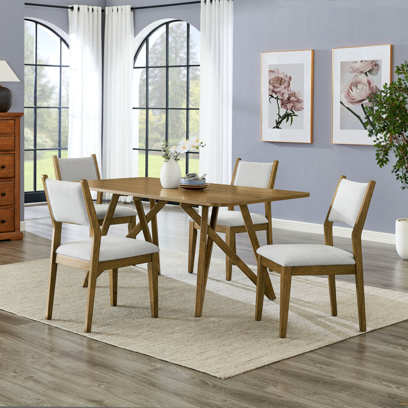 5Pc 70"W Rectangular Walnut Oak Geometric Cross Base Dining Set
