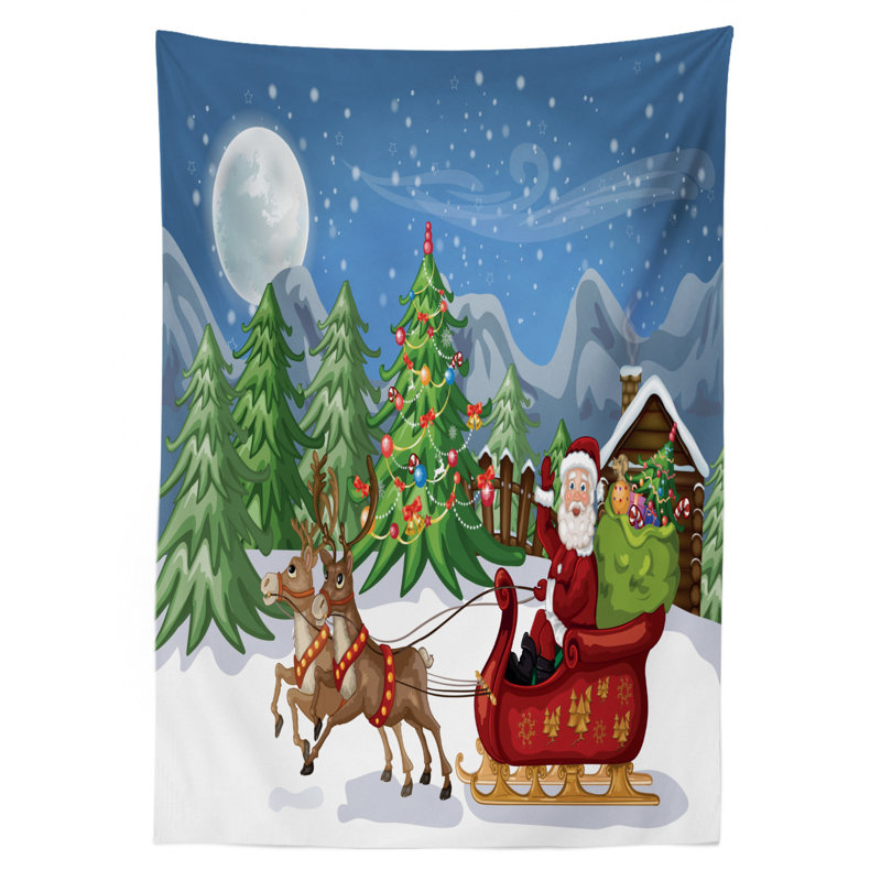 Landscape At Night with Trees Santa Claus Snowdrift Reindeers Mountains Tablecloth, 72" x 52"