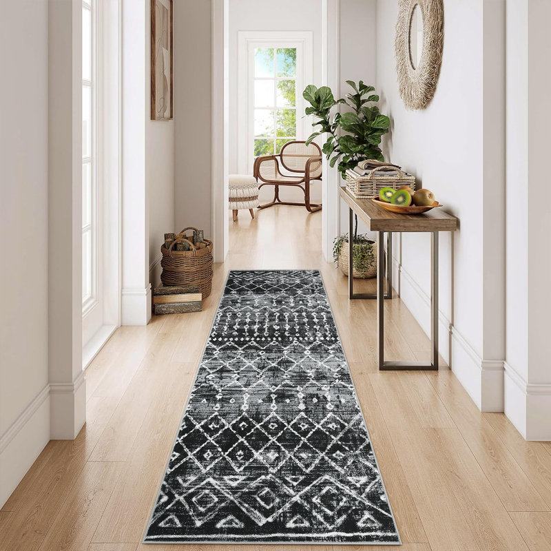 Tapis lavable moderne à motif géométrique Tribal, Noir, Tapis de couloir 2 pi x 6 pi
