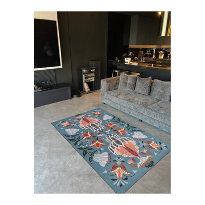 Blue Salmon Floral  Pastel Tone Washable Rug