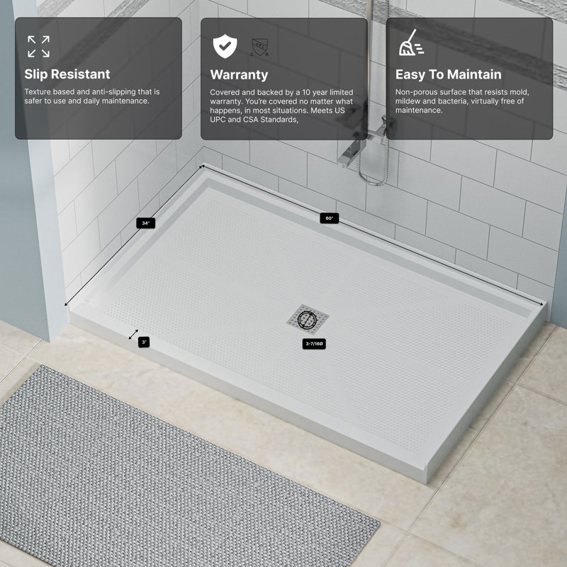 34 In. L X 60 In. W Alcove Shower Pan Base With Center Drain
