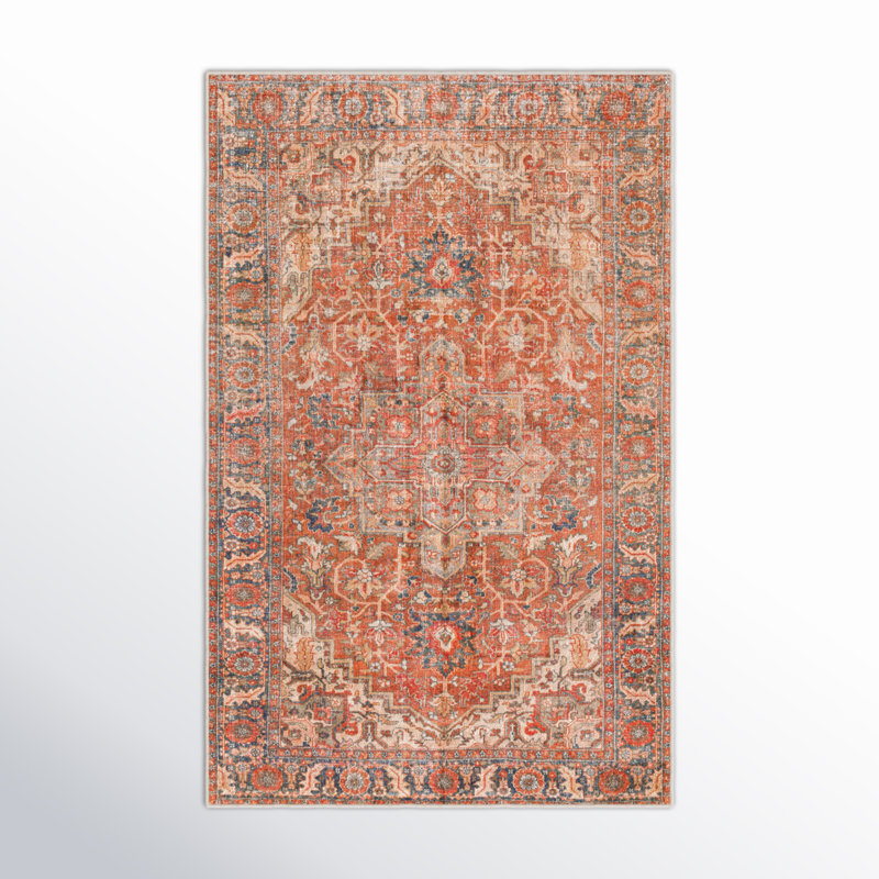 Mags Machine Washable Oriental Brick Red/Orange Area Rug, Rectangle 3'6" x 5'6"