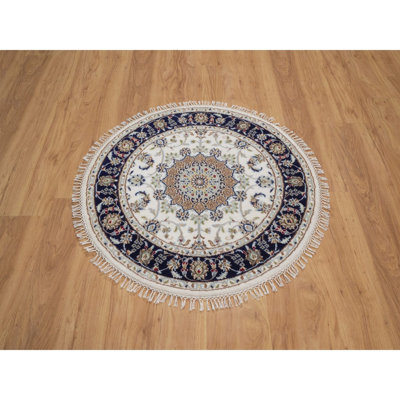 Tapis oriental rond noué à la main 3 pi 2 po x 3 pi 2 po Nain avec motif en médaillon de fleurs, laine et soie, 250 KPSI