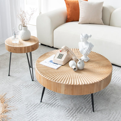 Aburto 2-Piece Modern Farmhouse Living Room Coffee Table Set, Nesting Table Round