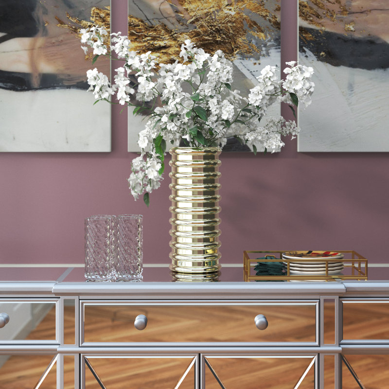 Glass Vase Ribbed Cylindrical Glass with Modern Grooved Design and Contemporary Silhouette for Decorative Display., Gold