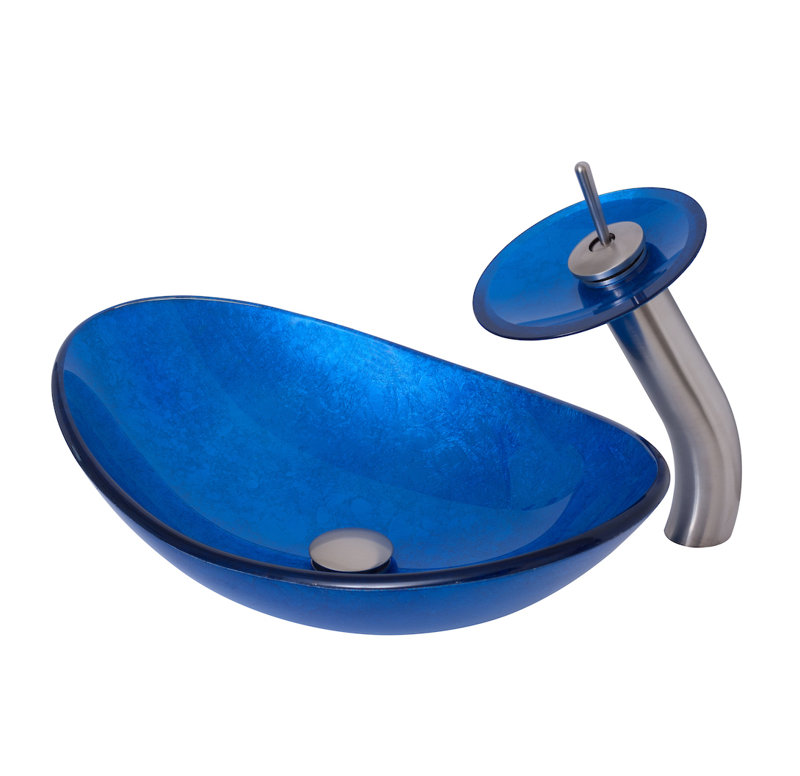 Lavabo de salle de bain ovale en verre avec robinet azzurro, Nickel brossé