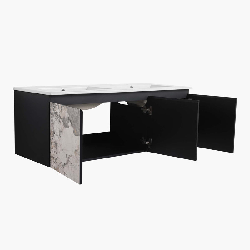 Meuble-lavabo mural flottant 48 po avec porte à fermeture en douceur, motif marbré