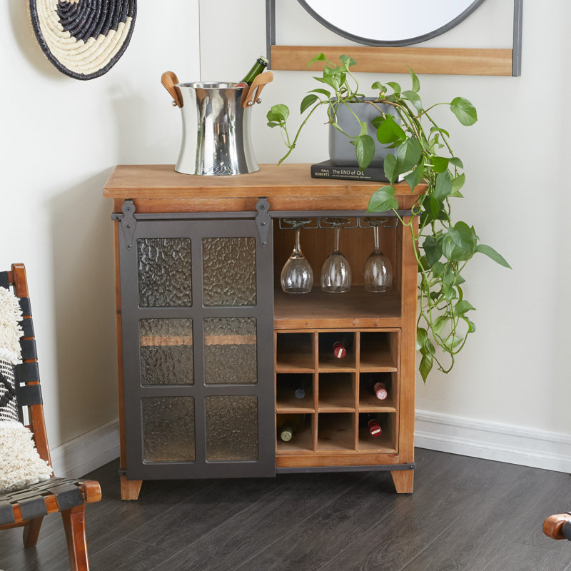 Marnie 9 Bottle Solid Wood Floor Wine Bottle & Glass Rack in Brown