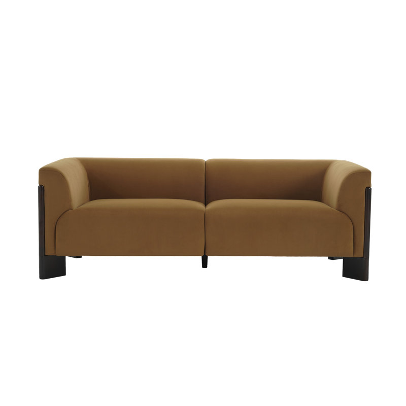 Upholstered Orange Velvet 2-Seater Modern Curved Arm Design Sofa With Solid Wood Legs, Orange