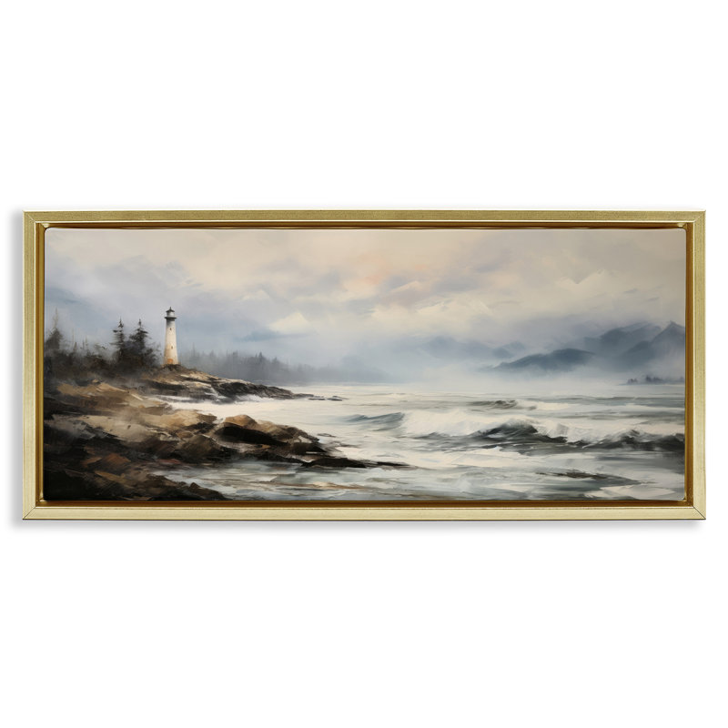 Art mural sur toile flottant encadré "Coastal Lighthouse Waves" par Petal Prints Design, H 11 po x l 25 po