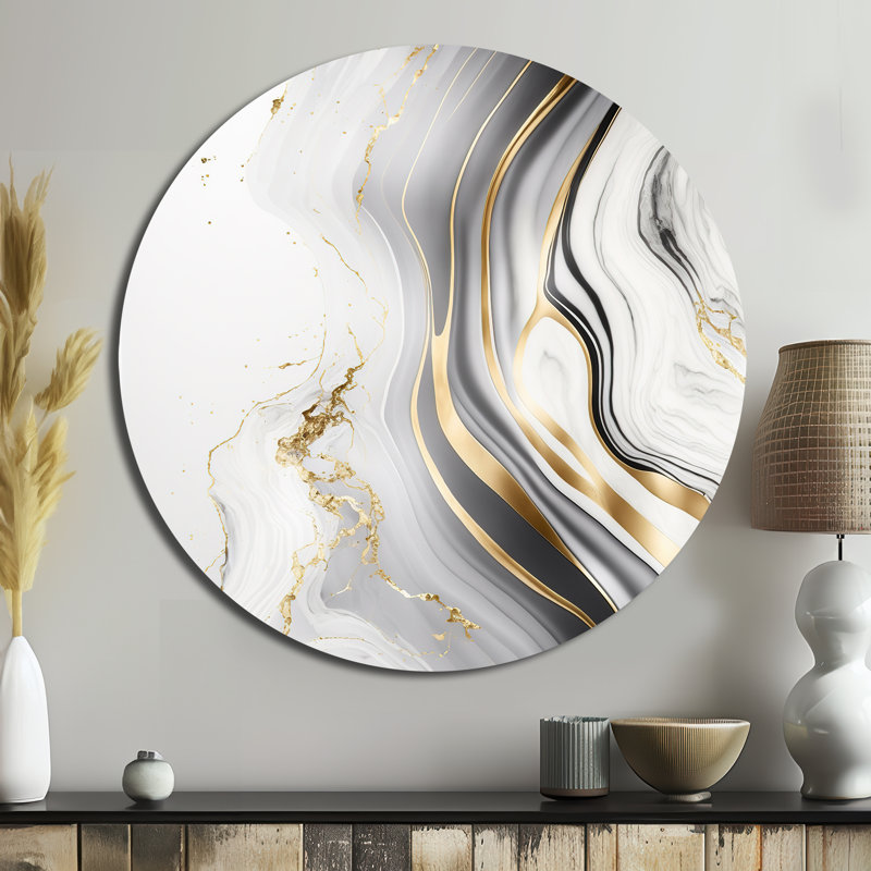 Géode abstraite, vagues de marbre gris III - Art abstrait rond en métal, H 36 po x l 36 po 