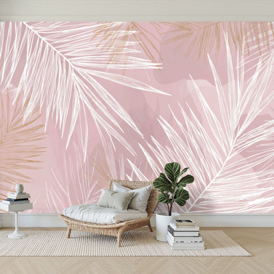 Peel and Stick Wallpaper 144" W x 100" H Modern Self Adhesive Wall Mural for Bedroom Abstract Tropical Foliage Pink Rose Blush Colors Palm Leaf Line Art