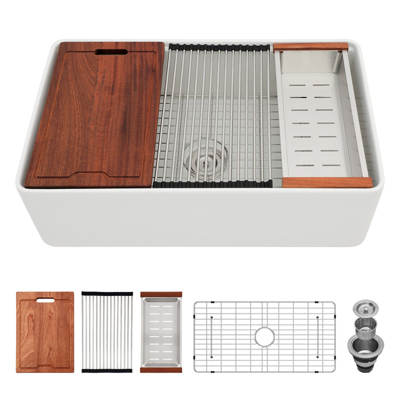 33 X 20 X 10 Inch White Farmhouse Sink Workstation - Porcelain Ceramic Single Bowl Farm Kitchen Sink