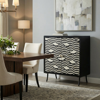 2-Door Black Wood_Ivory Bone Inlay Accent Cabinet With Black Metal Legs