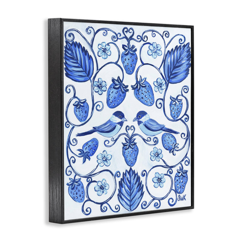 Fraise bleue avec oiseaux, estampe numérique, design par Sarah Waldron Kimball, H 14 po x l 11 po