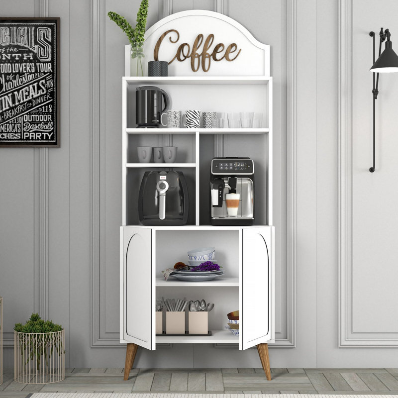 Bar à café moderne, blanc et noyer, 32,0 x 79,1 x 13,8 pouces | 100% panneau de particules enduit de mélamine, épaisseur: 0,7 pouce | Comprend plusieurs tablettes, une conception élégante pour la maison et le bureau, une solution de rangement durable et élégante