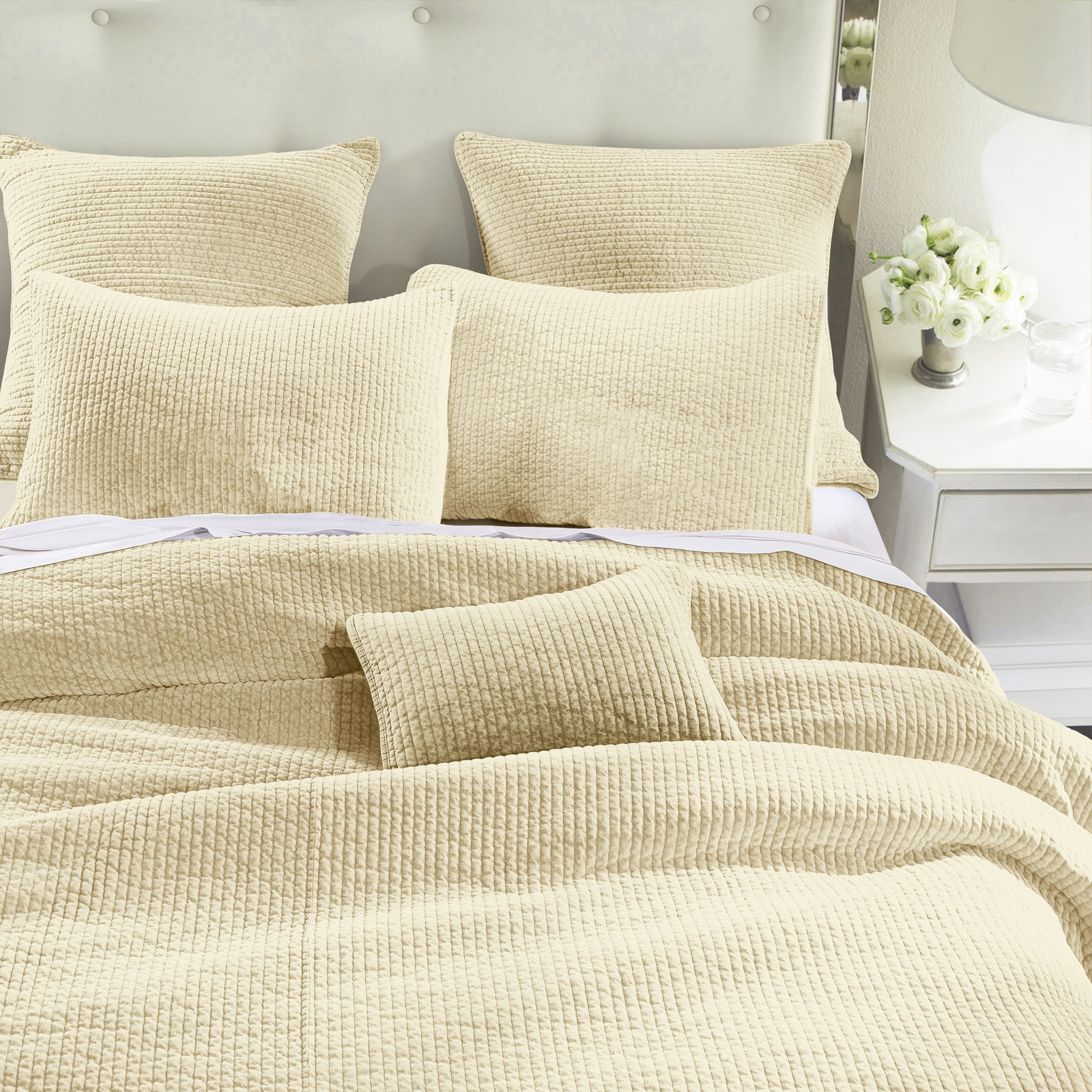 Stone Washed Cotton Velvet Quilt Set, King Quilt  + 2 King Shams, Light Tan