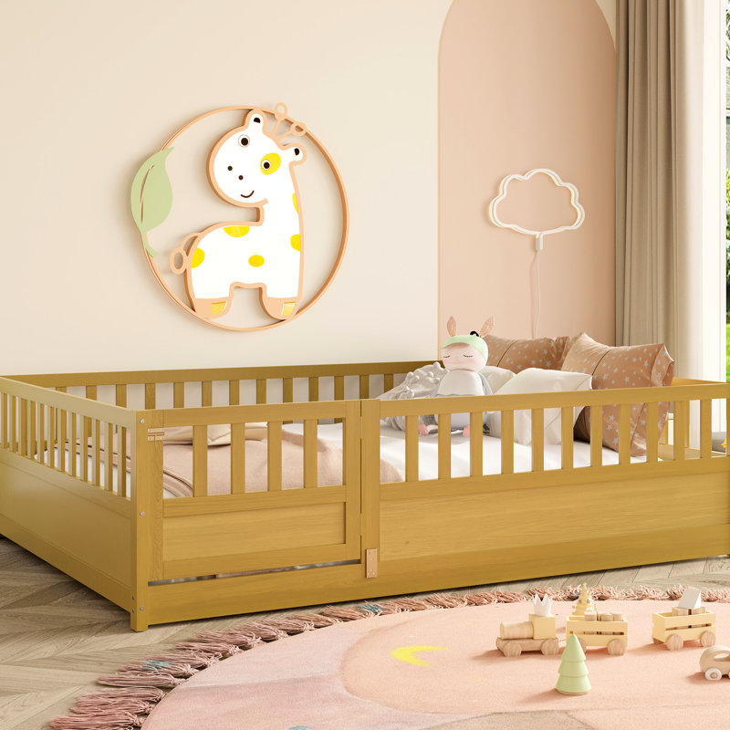 Structure de lit double en pin français avec barrière haute sécurité, porte et lattes de soutien, 79,81 po x 57,73 po x 21,84 po