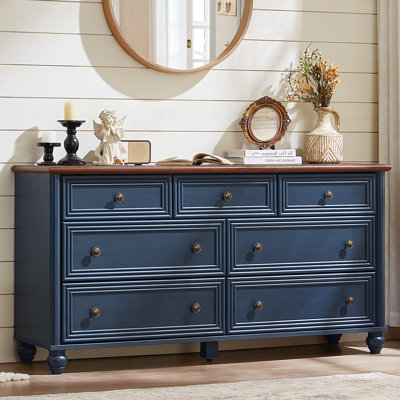 7 Drawers Dresser For Bedroom, Farmhouse 54" Wide Wood Dressers Chest Of Drawers, Vintage Design TV Stand, Rustic Storage Dresser Organizer With Metal Handle Closet For Living Room, Hallway