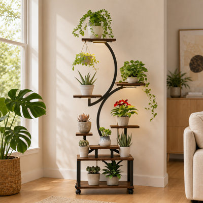 Support à plante avec lumières de culture (noir + noyer foncé) - support à 8 niveaux de 61 po de hauteur en métal / en MDF, mobile pour plantes d'intérieur / de patio