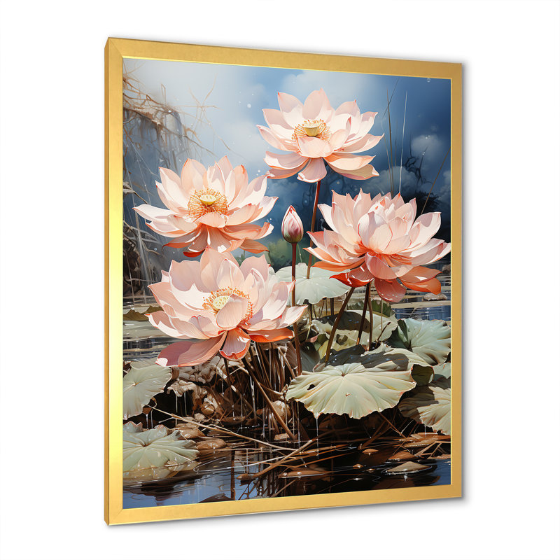 Lotus Dreams Amung The Lily Pads, Cadre doré simple, H 32 po x l 16 po x P 1 po