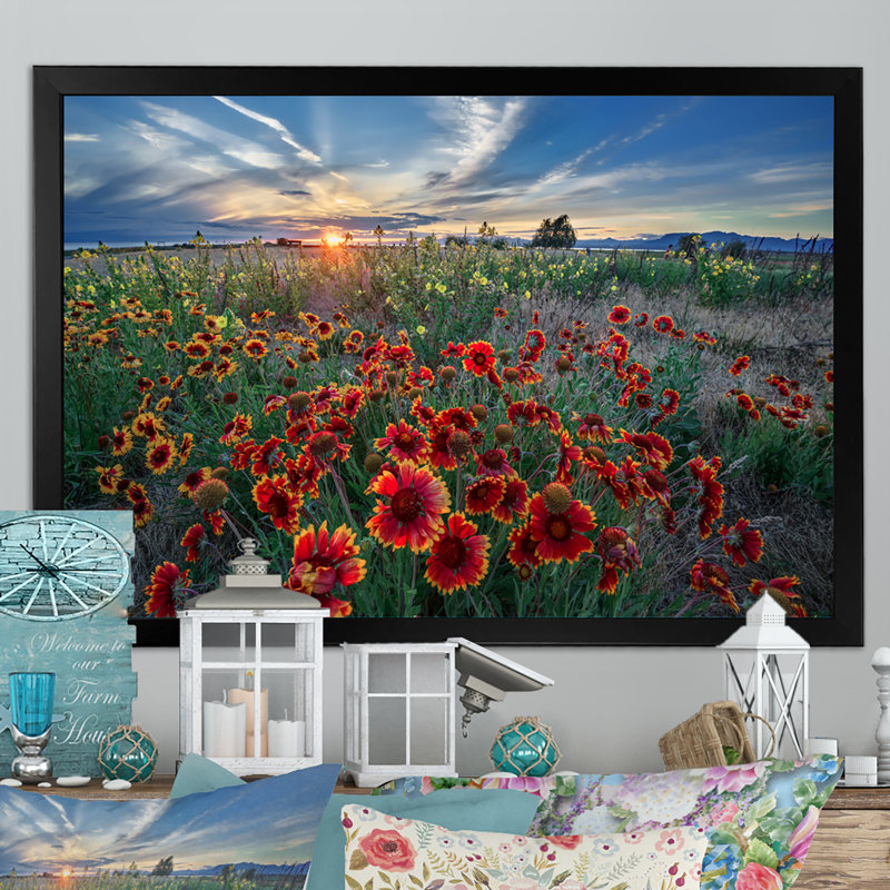 Fleurs jaune vif au coucher du soleil - œuvre d'art traditionnelle sur toile, Toile avec cadre noir