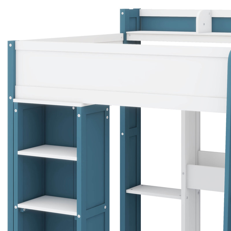 FUll Size Loft Bed With Storage Shelves, Clothes Rails, Desk, White/Blue