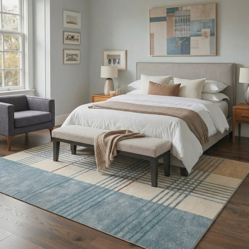 Tapis d'intérieur bleu / jaune / beige lavable à la machine Vesper avec envers antidérapant, Rectangle 8' x 10'