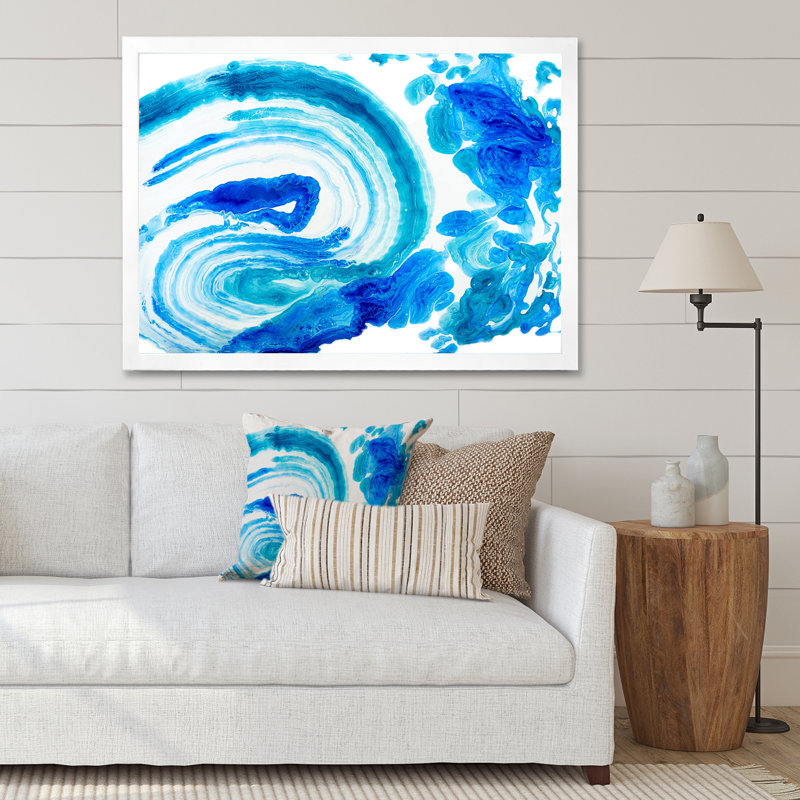 «Blue and White Ink Cloud Explosion», peinture sur toile, H 30 po x l 40 po, Cadre photo blanc