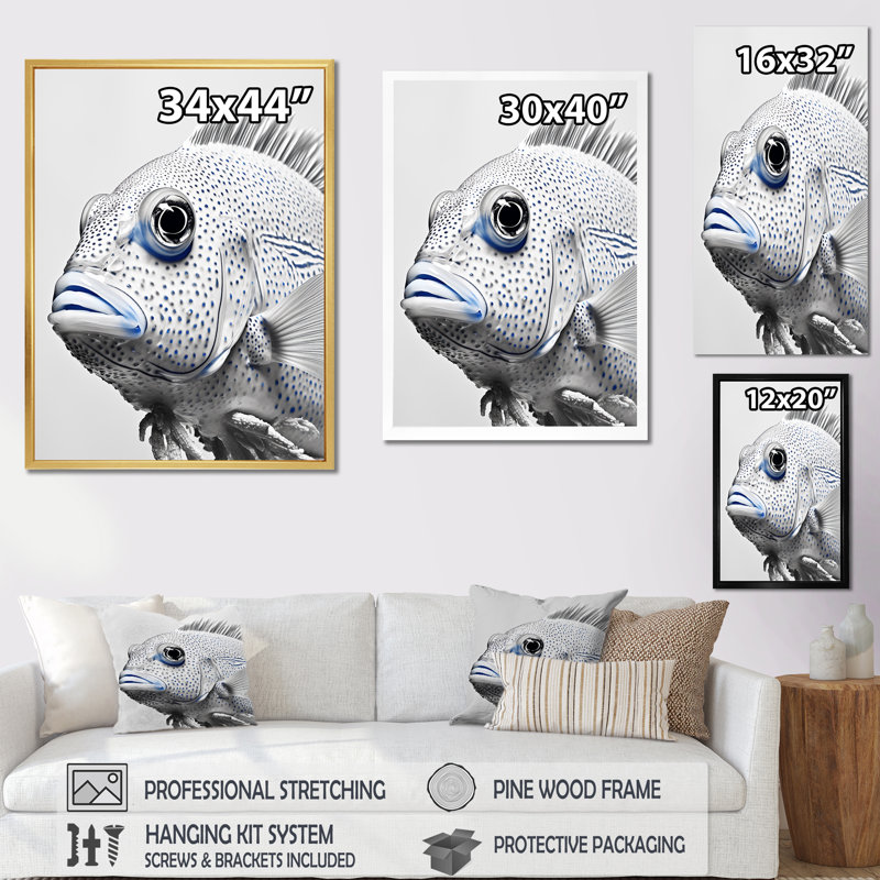 " Cute White And Blue Fish Portrait " Print, White Single Picture Framed, 32" H x 24" W x 1" D