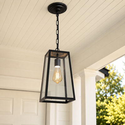 Lanterne suspendue d'extérieur, luminaire suspendu d'extérieur moderne 14,2 po noir mat résistant aux intempéries avec verre transparent, convient pour porche, entrée, patio