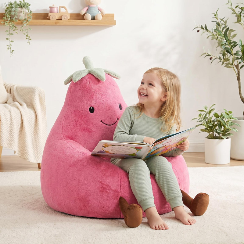 kids Cartoon Eggplant Bean Bag Chair with Washable Cover for Kids Room, Rose Red
