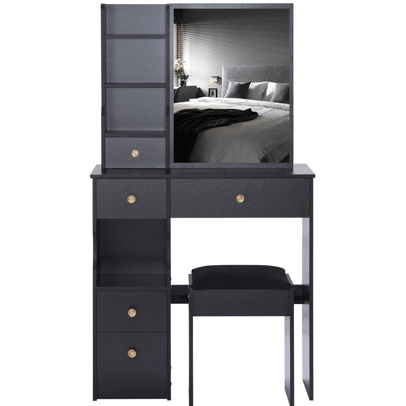 Petit meuble-lavabo de 29,2 po avec tiroir à gauche et tabouret rembourré, très grand miroir coulissant à droite, rangement multicouche à grande capacité, commode pratique et pratique, convient aux petits espaces