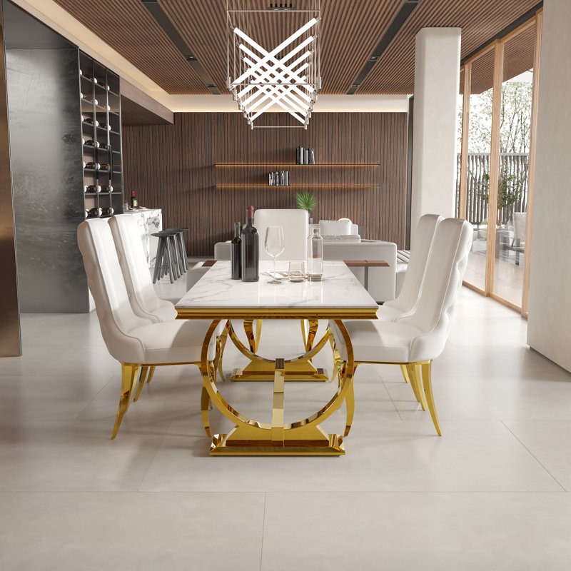 Ensemble de table de salle à manger Glam blanc et doré avec 4 chaises capitonnées en cuir blanc, 7
