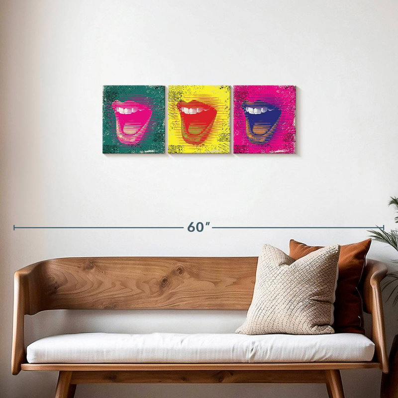 «Trippy Triple Mouth», ensemble de 3 reproductions sur toiles par PaintboxJenny, H 12 po x l 38 po x P 1,25 po