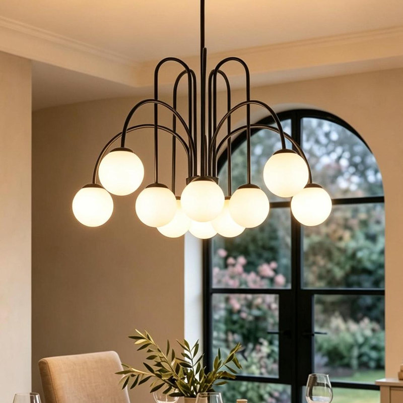 Lustre en verre spoutnik à 10 lumières pour salle à manger Bradrick, Noir, Blanc
