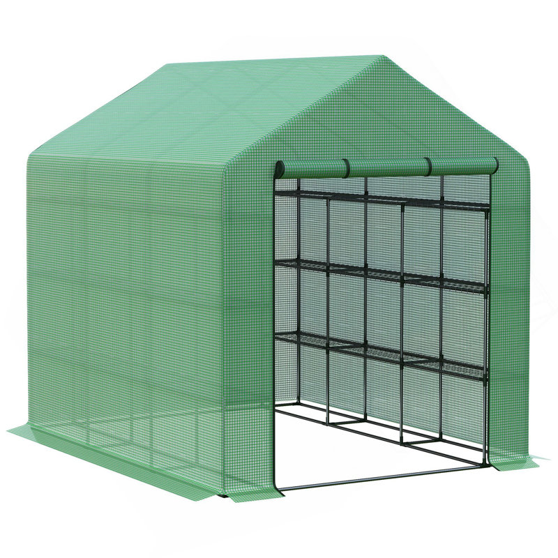 Walk-In Greenhouse For Outdoors With Roll-Up Zipper Door, 18 Shelves, PE Cover, Small & Portable Build, Heavy Duty Humidity Seal, 95.25" X 70.75" X 82.75", Green