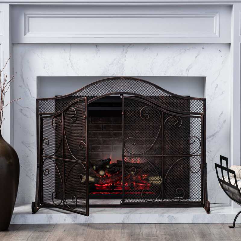 Cloison de foyer, structure en fer, maille fine, barrière H 31,61 po x l 43,25 po, fer, motif ornemental, l, mat