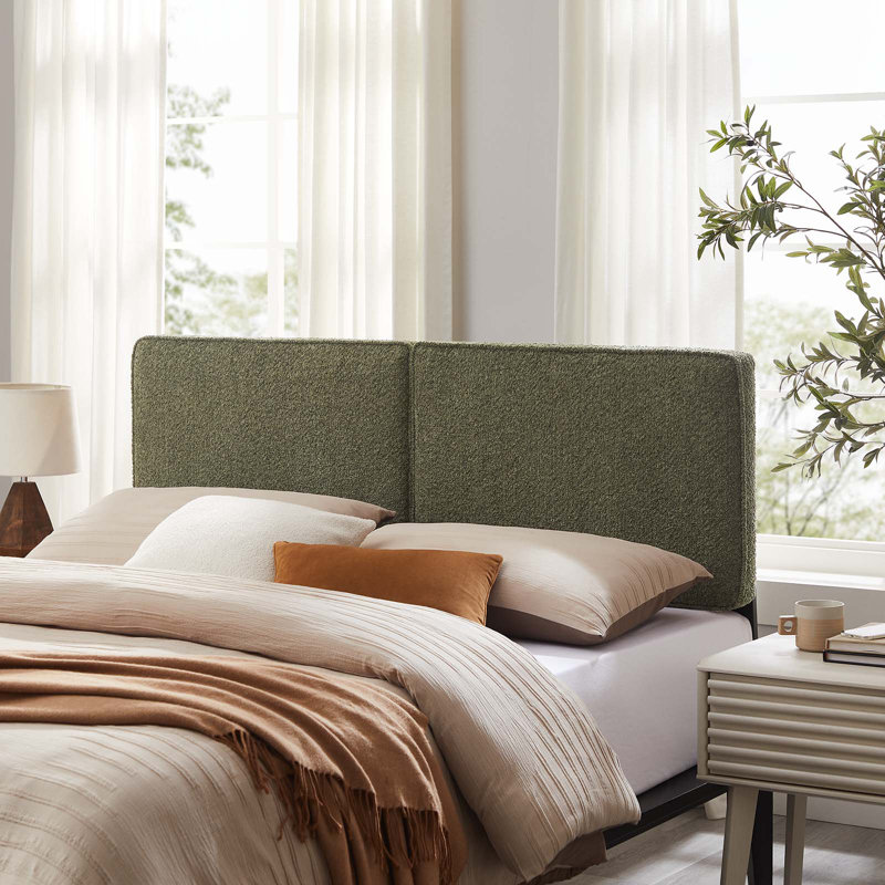 Sage Green Boucle Upholstered Full Headboard with Solid Wood Legs
