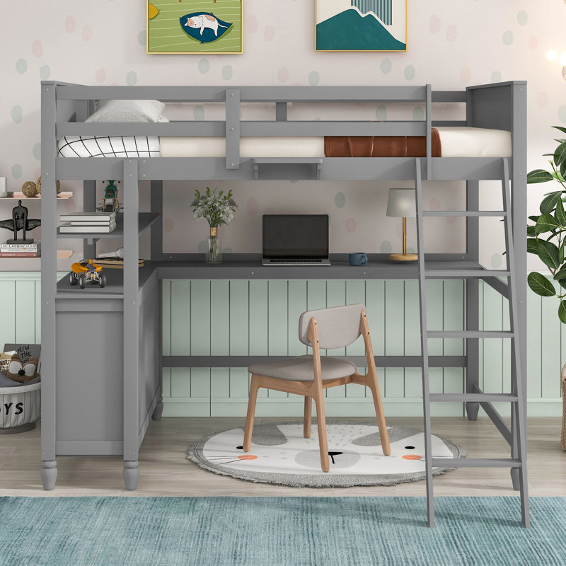 Lit mezzanine double en bois avec tiroirs, Gris