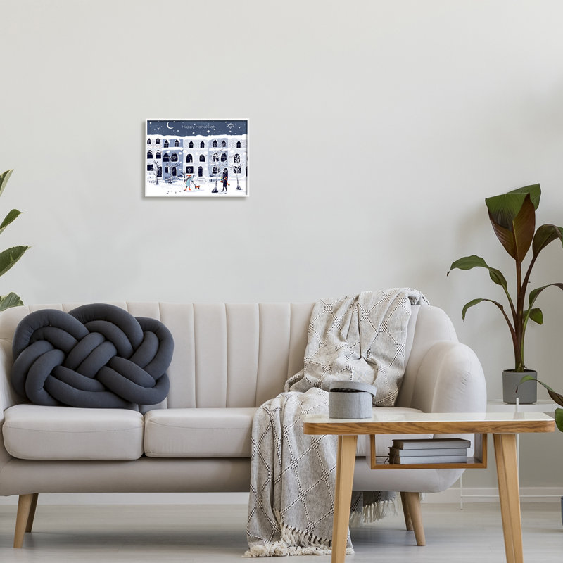 «Happy Hanukkah Winter City» par Susse Linton, H 11 po x l 14 po, Giclée encadrée blanc bord de mer