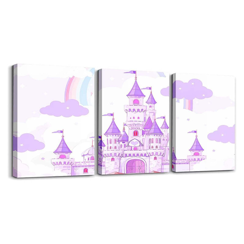 Castle Picture Wall Decor Rainbow Castle Canvas Wall Art For Living Room Bedroom Princess Bathroom Wall Art For Home Decor Fairy Tales Wall Painting 12" X 16" 3 Piece